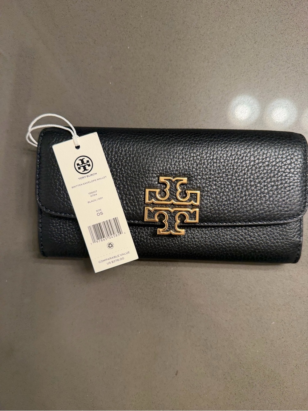 Tory Burch Britten Black Pebbled Leather Wallet with Gold Logo